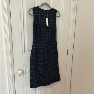 NWT J. Crew Navy Window Pane Pleated Hem Dress, Size 4